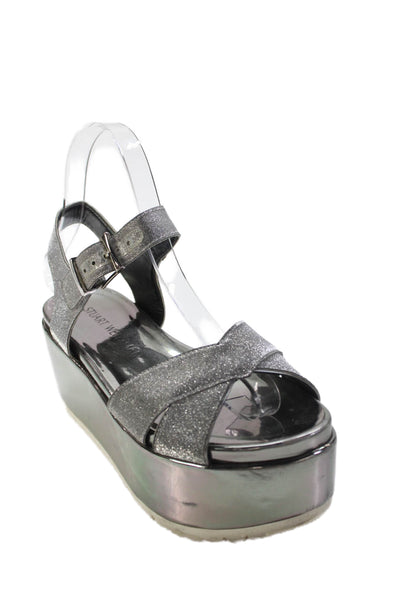 Stuart Weitzman Women's Open Toe Platform Glitter Silver Metallic Sandals Size 6