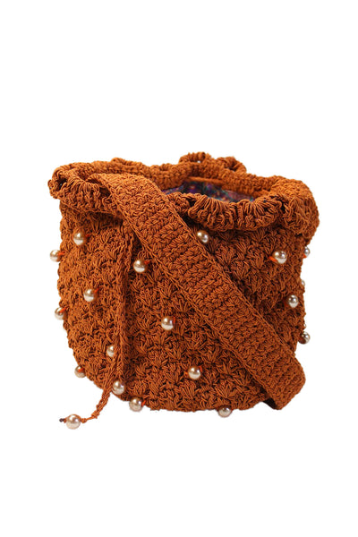 Suryo Womens Crochet Beaded Shoulder Bucket Bag Orange