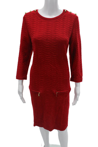 Joan Vass Women Sheath Sweater Dress Red Cotton 3/4 Sleeve Crew Neck Size 2