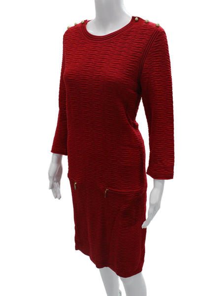 Joan Vass Women Sheath Sweater Dress Red Cotton 3/4 Sleeve Crew Neck Size 2