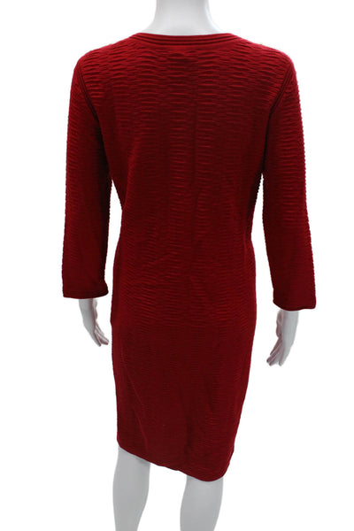Joan Vass Women Sheath Sweater Dress Red Cotton 3/4 Sleeve Crew Neck Size 2