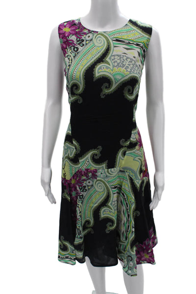 Etro Womens Fit & Flare Dress Black Paisley Sleeveless Round Neck Zip Size 48