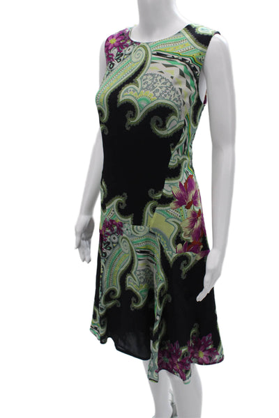 Etro Womens Fit & Flare Dress Black Paisley Sleeveless Round Neck Zip Size 48