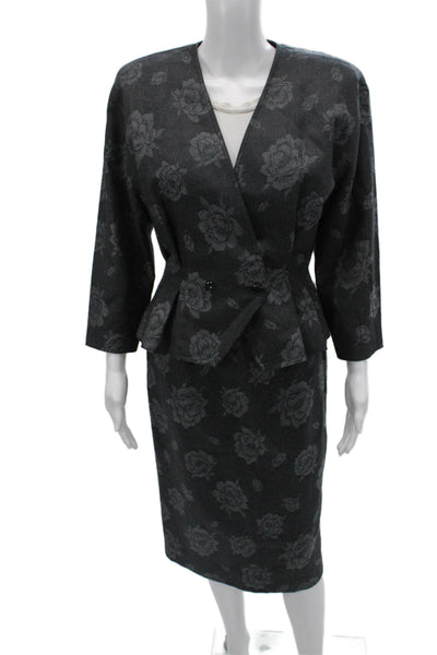 Ungaro Ter Womens Floral Print Double Breasted Skirt Suit Grey Wool Size 6