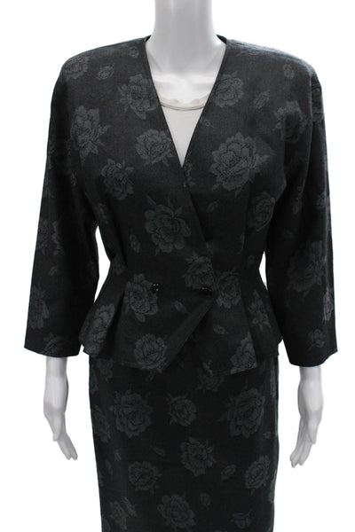 Ungaro Ter Womens Floral Print Double Breasted Skirt Suit Grey Wool Size 6