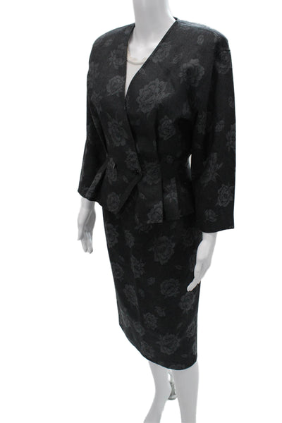 Ungaro Ter Womens Floral Print Double Breasted Skirt Suit Grey Wool Size 6