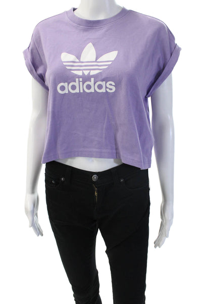Adidas Womens Cropped Purple Graphic T-Shirt Crew Neck Cotton Zip Size XS
