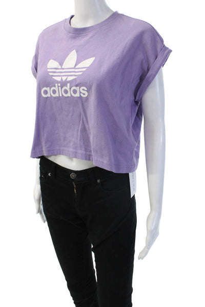 Adidas Womens Cropped Purple Graphic T-Shirt Crew Neck Cotton Zip Size XS