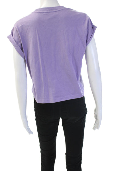 Adidas Womens Cropped Purple Graphic T-Shirt Crew Neck Cotton Zip Size XS