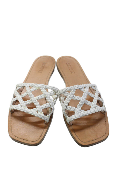 Schutz Womens Leather Woven Slide On Sandals White Size 8 B