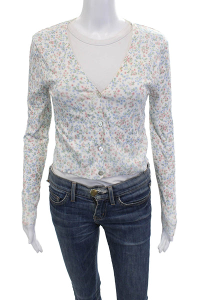 Zara Unisex V Neck Floral Cardigan White Button Long Sleeve Size M
