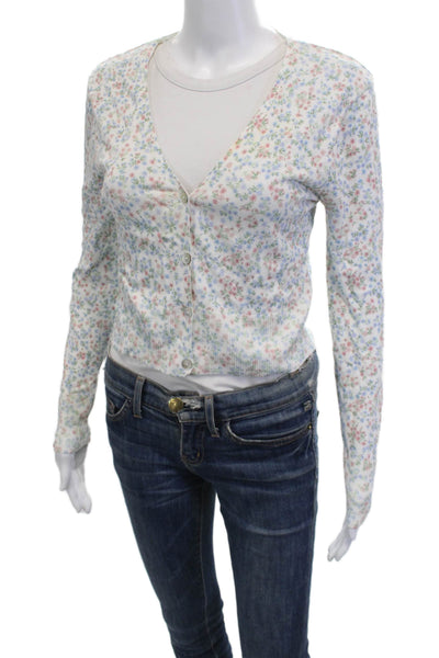Zara Unisex V Neck Floral Cardigan White Button Long Sleeve Size M
