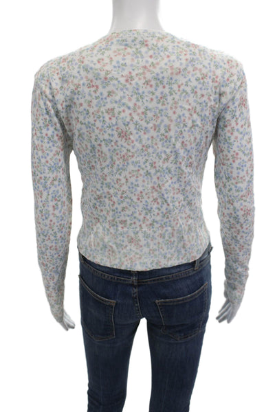 Zara Unisex V Neck Floral Cardigan White Button Long Sleeve Size M