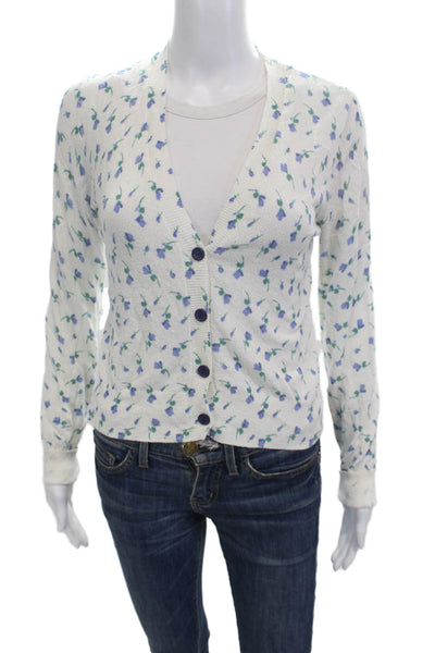 Zara Unisex Cardigan Sweaters White V Neck Button Floral Long Sleeve Size S