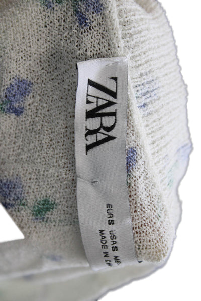 Zara Unisex Cardigan Sweaters White V Neck Button Floral Long Sleeve Size S
