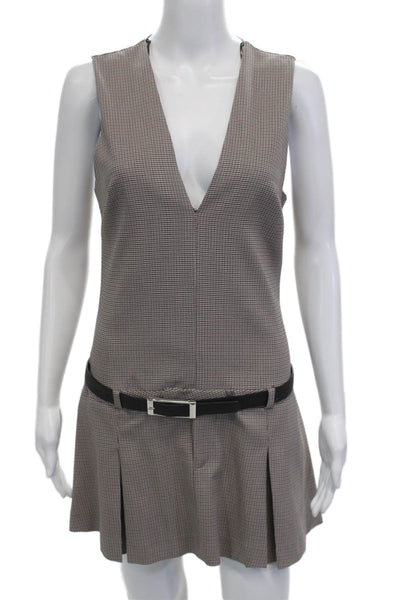 Zara Womens Overall Dress Brown Check V-Neck Sleeveless Buckle Size M