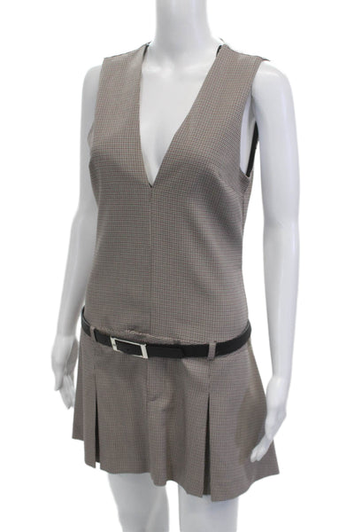 Zara Womens Overall Dress Brown Check V-Neck Sleeveless Buckle Size M