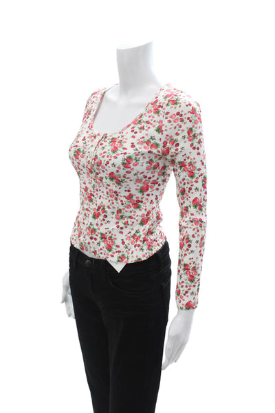 Love Shack Fancy Womens Basic Button-Up White Floral Cotton Long Sleeve Size XS