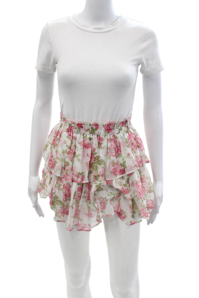 Love Shack Fancy Women Peasant Mini Silk Floral Pink Skirt Size XS