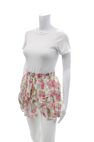 Love Shack Fancy Women Peasant Mini Silk Floral Pink Skirt Size XS