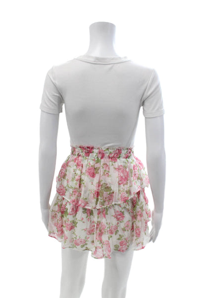 Love Shack Fancy Women Peasant Mini Silk Floral Pink Skirt Size XS