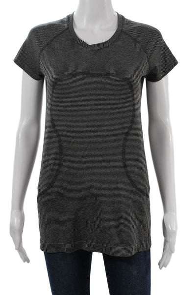 Lululemon Women Striped V-Neck Tunic Tee Dark Gray Short Sleeve Size S
