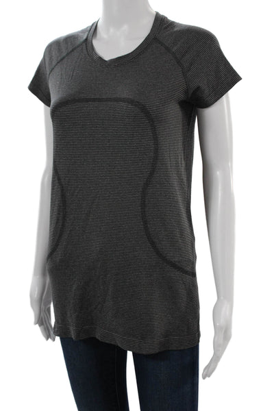 Lululemon Women Striped V-Neck Tunic Tee Dark Gray Short Sleeve Size S