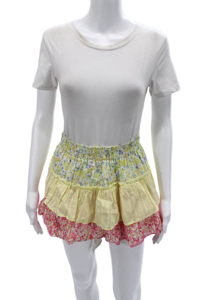 Love Shack Fancy Women Yellow Floral Cotton Peasant Mini Skirt Size XS