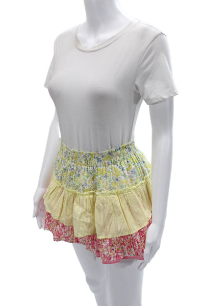 Love Shack Fancy Women Yellow Floral Cotton Peasant Mini Skirt Size XS