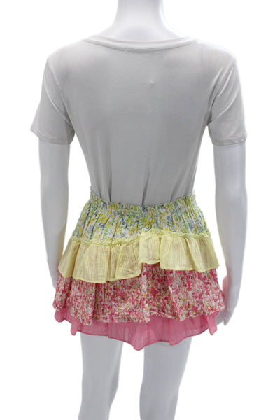 Love Shack Fancy Women Yellow Floral Cotton Peasant Mini Skirt Size XS