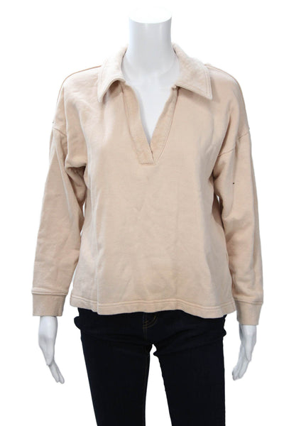 Madewell Women Beige Henley Sweatshirt Cotton Long Sleeve Size 2XS