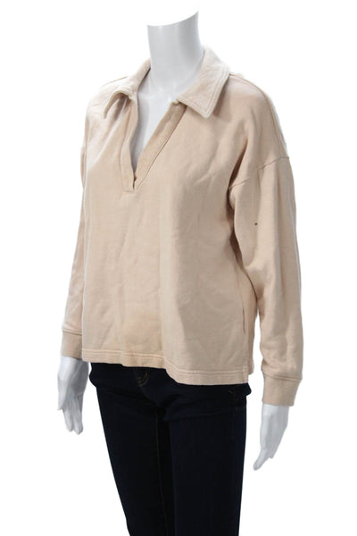 Madewell Women Beige Henley Sweatshirt Cotton Long Sleeve Size 2XS