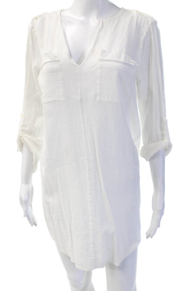 Joie Women White V-Neck Shirt Dress 3/4 Sleeve 100% Cotton Size M