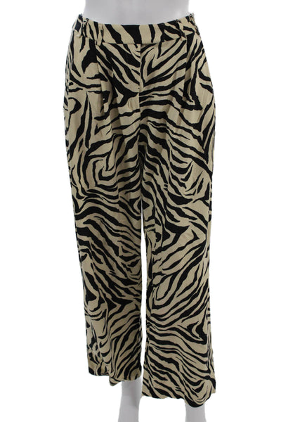 Topshop Womens Animal Print Beige Pants Viscose Linen Hook Eye Size 4