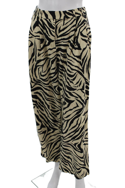 Topshop Womens Animal Print Beige Pants Viscose Linen Hook Eye Size 4