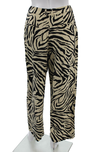 Topshop Womens Animal Print Beige Pants Viscose Linen Hook Eye Size 4