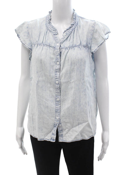 Rails Womens Light Blue Bohemian Button-Up Blouse Short Sleeve Size S