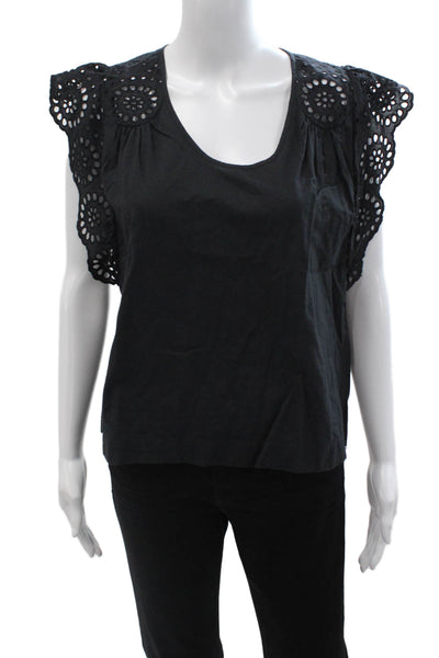 Lilla P Womens Black Cotton Round Neck Short Sleeve Boho Blouse Size S