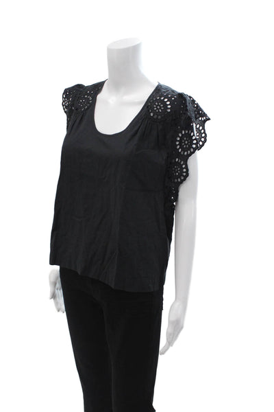 Lilla P Womens Black Cotton Round Neck Short Sleeve Boho Blouse Size S