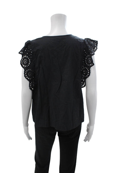 Lilla P Womens Black Cotton Round Neck Short Sleeve Boho Blouse Size S