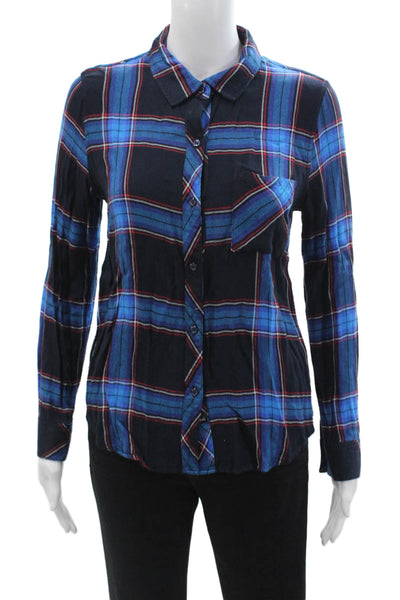 Rails Women Black Plaid Collared Petite 90s Rayon Long Sleeve Button-Up Size S