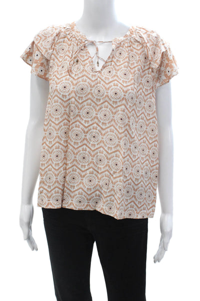 Marie Oliver Womens Beige Geometric Boho Drawstring Short Sleeve Blouse Size S