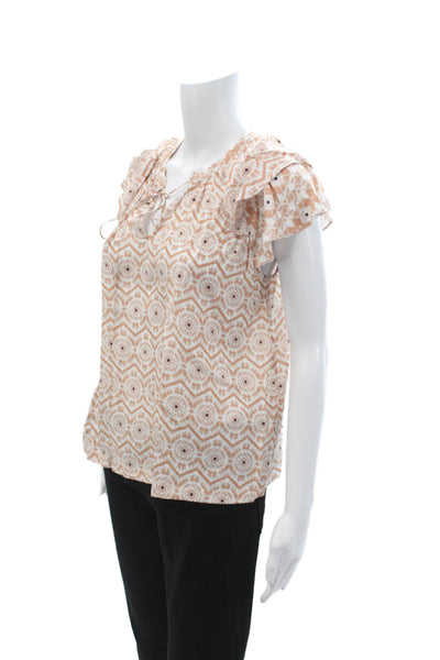 Marie Oliver Womens Beige Geometric Boho Drawstring Short Sleeve Blouse Size S