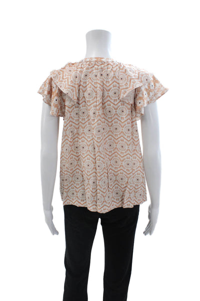 Marie Oliver Womens Beige Geometric Boho Drawstring Short Sleeve Blouse Size S