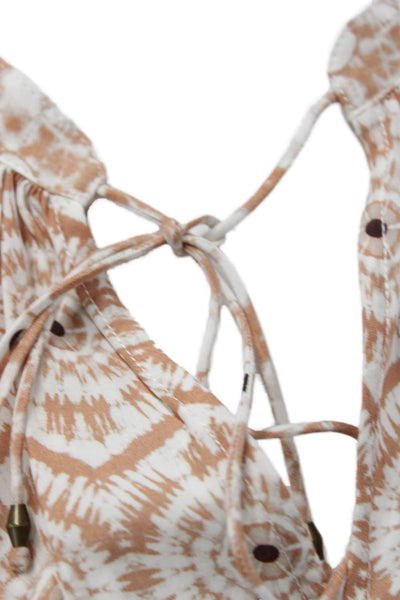 Marie Oliver Womens Beige Geometric Boho Drawstring Short Sleeve Blouse Size S