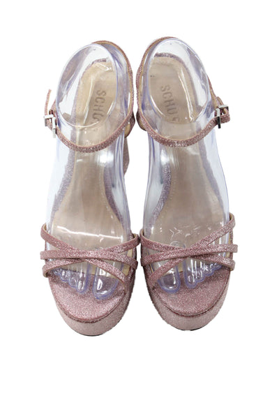 Schutz Womens Block Heel Platform Glitter Ankle Strap Pumps Pink Size 8B