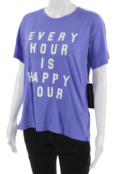 Wildfox Womens Basic Graphic Tee Purple Crew Neck Cotton Short Sleeve Size M
