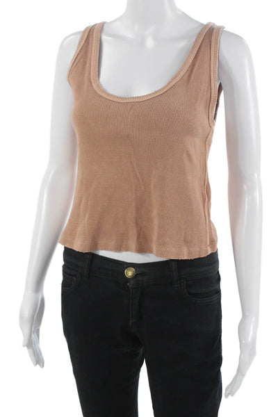 Amo Womens Cropped Basic Tank Top 100% Pima Cotton Tan Round Neck Size M