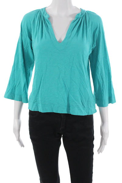 LA Made Women Basic Green V-Neck 3/4 Sleeve Blouse Polyester Boho Size XS