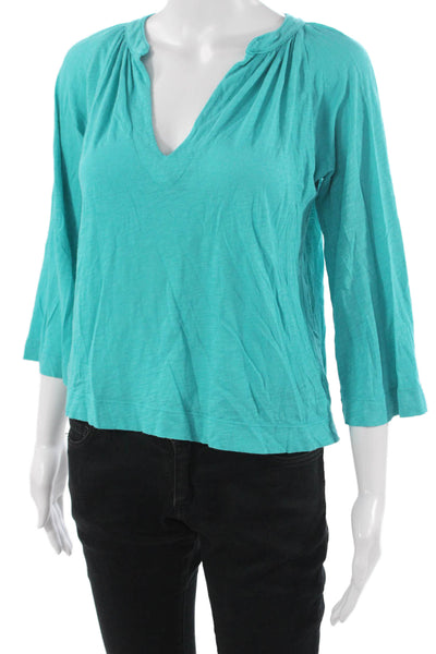 LA Made Women Basic Green V-Neck 3/4 Sleeve Blouse Polyester Boho Size XS